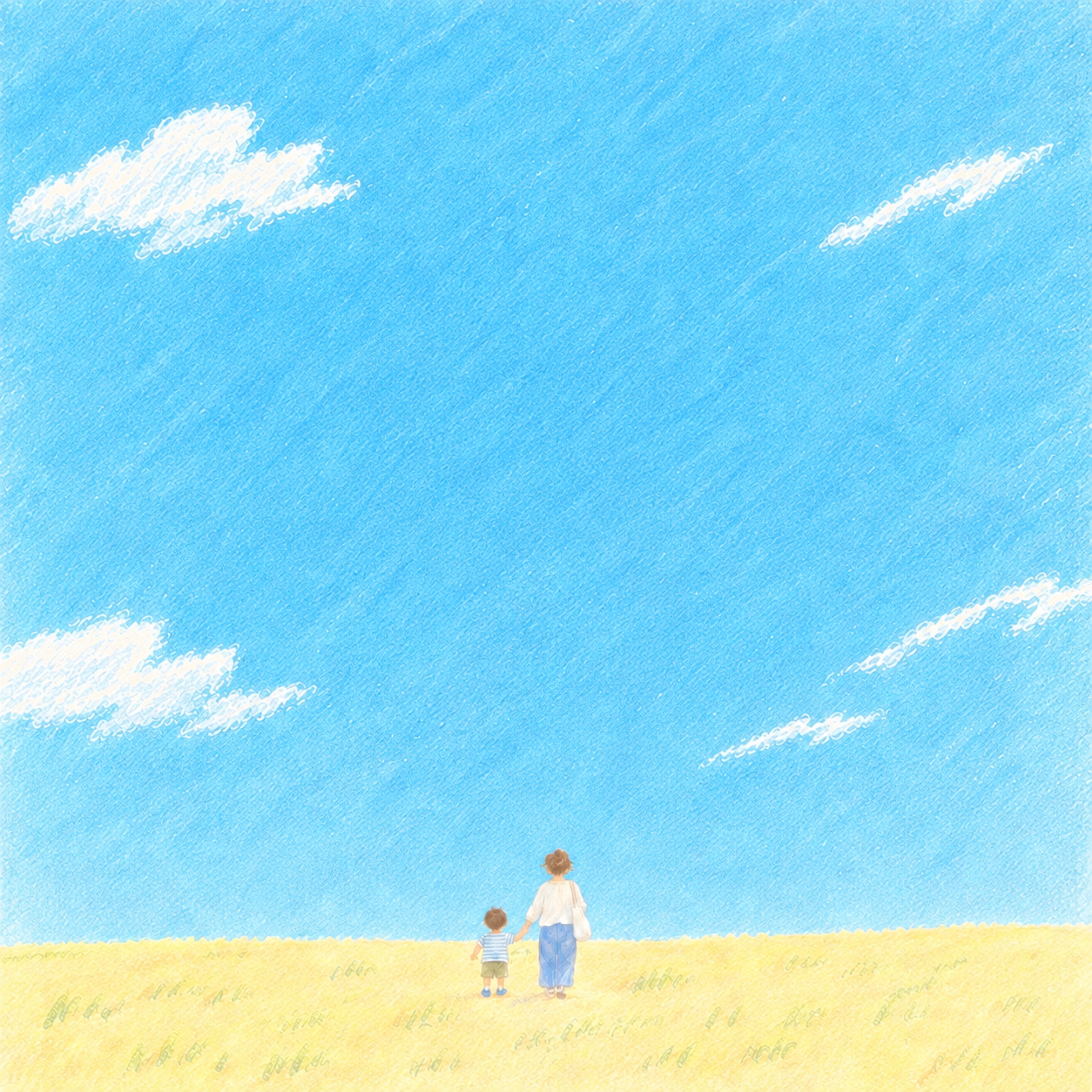 青空と白い雲、草原で手をつなぐ親子。