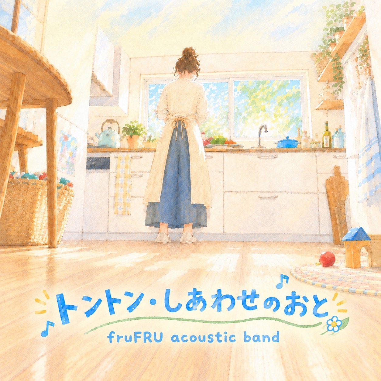 トントン・しあわせのおと / fruFRU acoustic band。明るいキッチンを描いたジャケット。